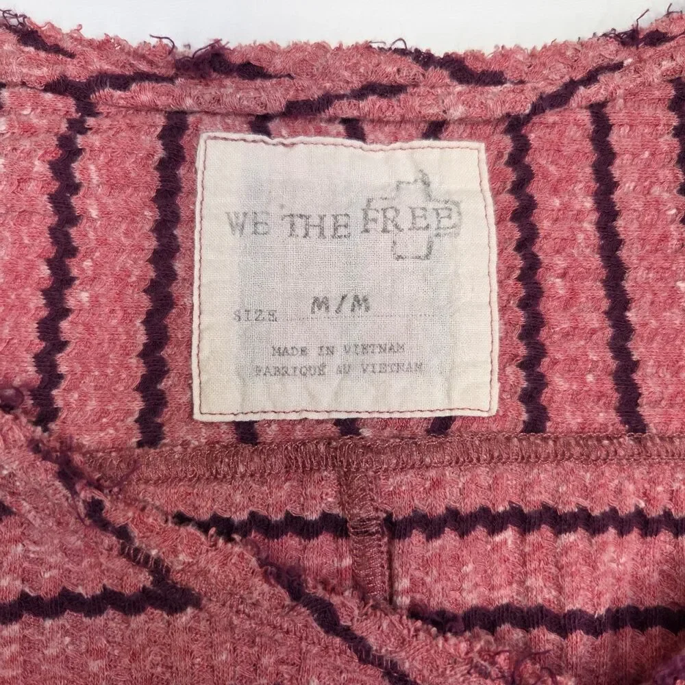 Free People We The Free Pink Black Striped Thermal Waffle Knit Peplum Top Medium